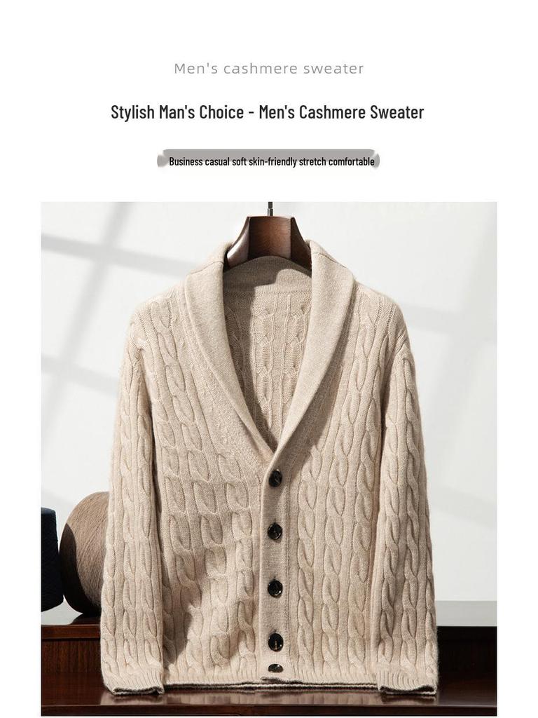 Men's Soft Cashmere Cardigan: Skin-Friendly, Thick Cable Knit, Shawl Collar Sweater.