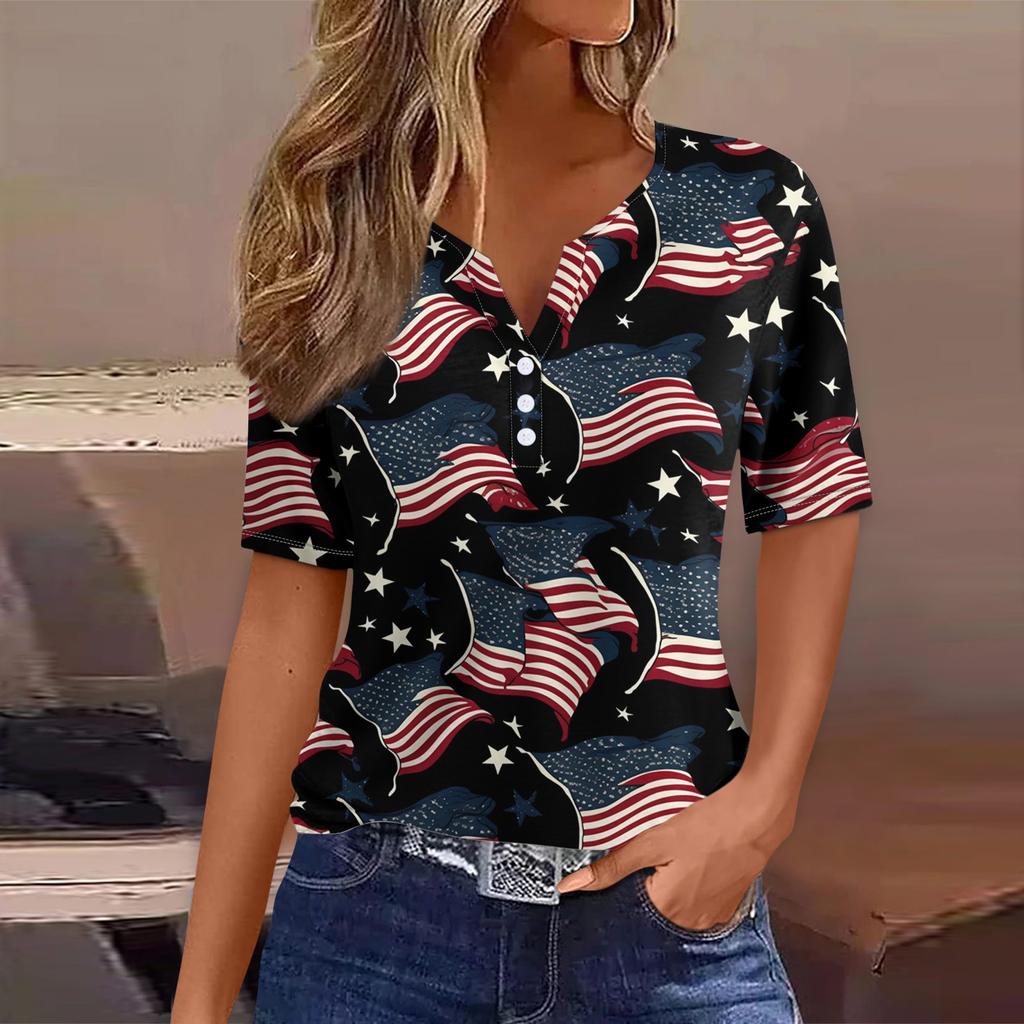 Damen-T-Shirt, T-Shirt, bedruckt, Knopfleiste, kurzärmelig, für den Alltag, Wochenende, modisch, Basic, V-Ausschnitt, normales Oberteil