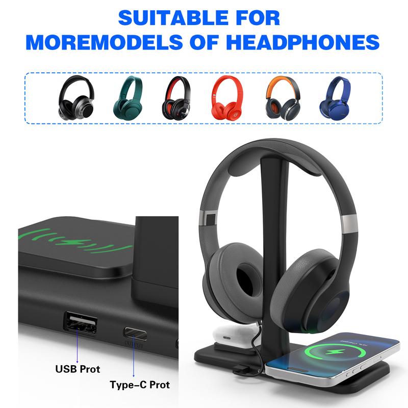 3in1 Headphones Stand Wireless Charger RGB Atmosphere Light Gaming Headset Bracket Mobile Phone Bluetooth Earphone Charging Dock