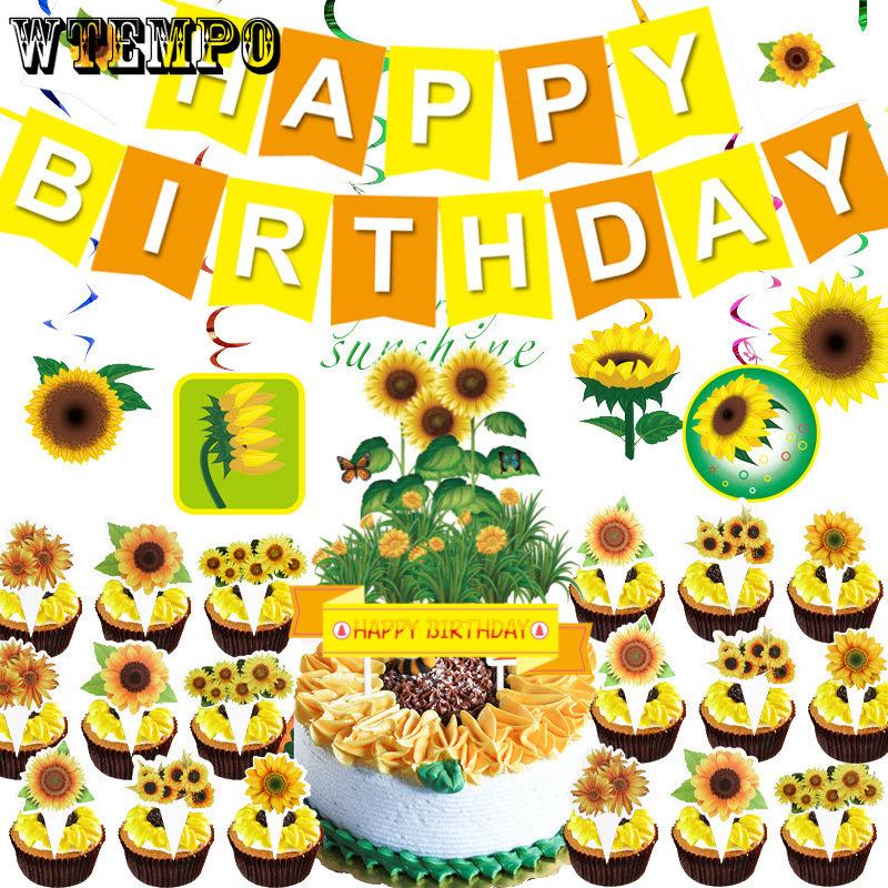 Sunflower Theme Birthday Party Decoration Supplies Set Contains Birthday Banner Cake Insert Card and Latex Balloons