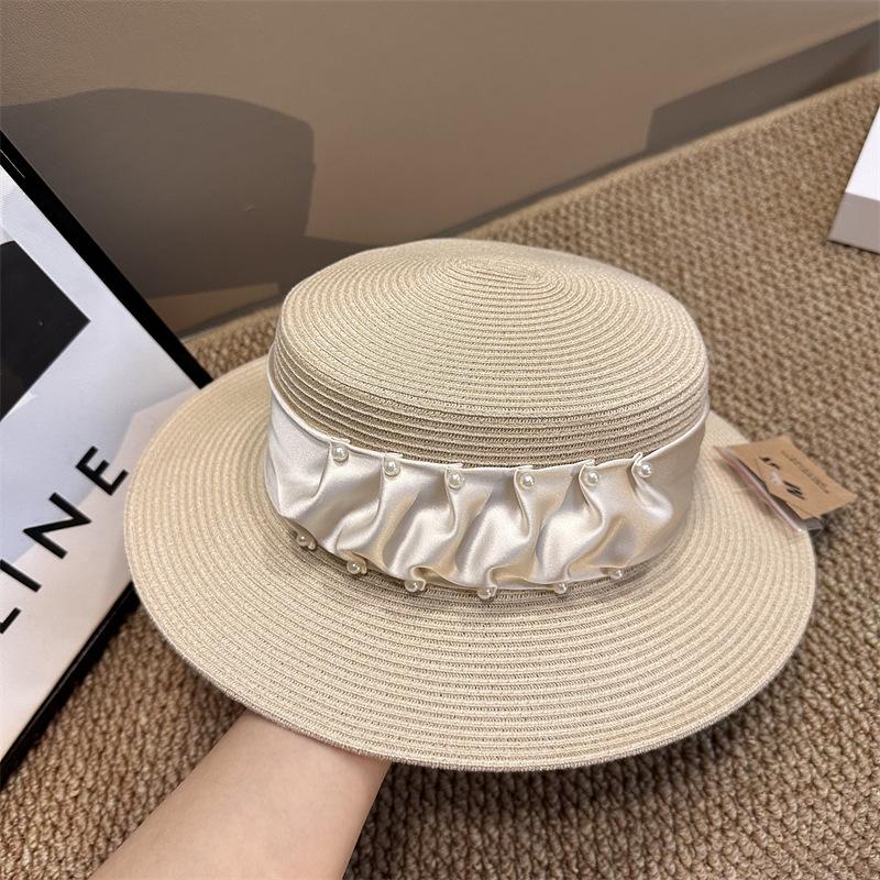 Luxury Elegant Women Summer Straw Hat Flat Top Boater Cap Folds Silk Pearl Decor Hand Weave Wide Brim Sun Hat Panama Fedora
