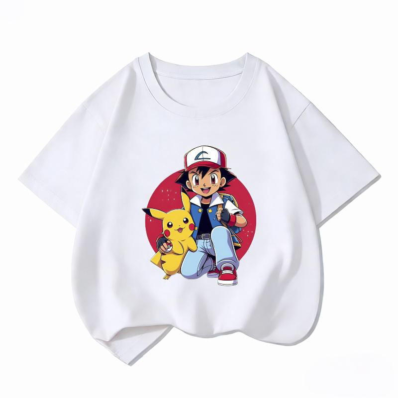 Potdemiel Kids Cotton Tshirt Cute Pikachu Cartoon Print Summer Short Sleeve Breathable Crew Neck Boys Girls Casual Tops