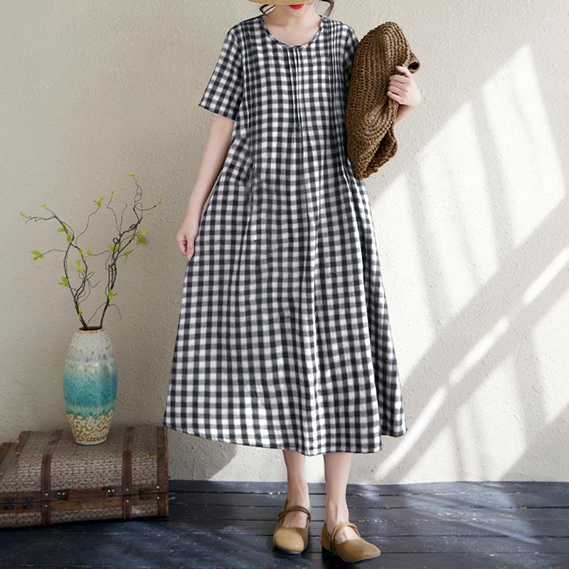 ZANZEA Women Plaid Print Casual Round Neck Short Sleeve Dress