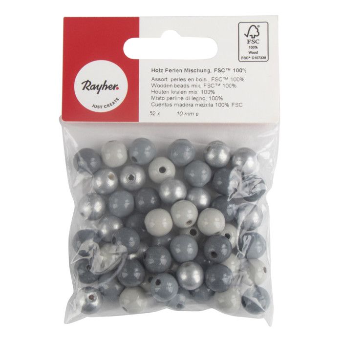 Assort. Perles en bois , FSC 100%, 10mm, tons gris - argent , polies, 52 pces