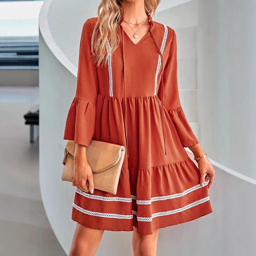 YYFS Women's Fashion Summer Spring Solid Color Print 3/4 Sleeves V-Neck Loose Waistline Casual Dresses