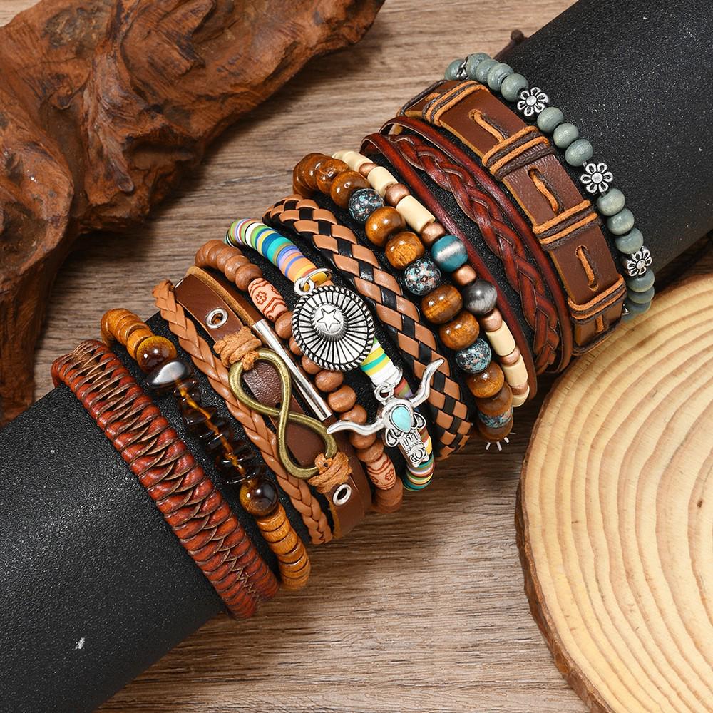 Sombrero Vaquero Retro Cabeza de Toro y Set de Pulsera de Cuero Tejida a Mano Multicapa (11 piezas) para hombres