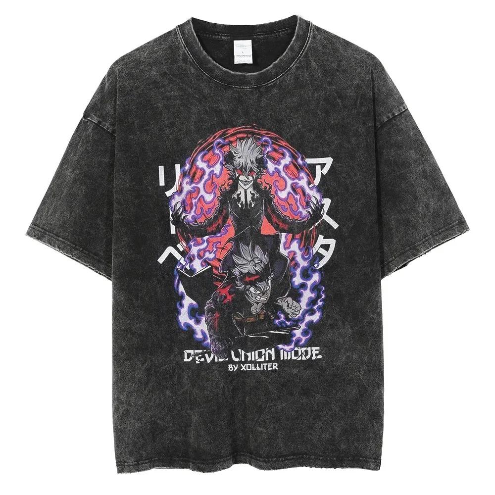 Vintage Washed Oversized Short-Sleeve T-Shirt Featuring Black Clover Asta Demon Form with Anti-Magic Grimoire and Nero Graphic Print