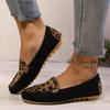 Women's Leopard Print Patchwork Loafers, Black Cover Slip-On Shoes with Metallic Chain Detail, Animal Print Fabric Upper, All-Season Comfort Footwear