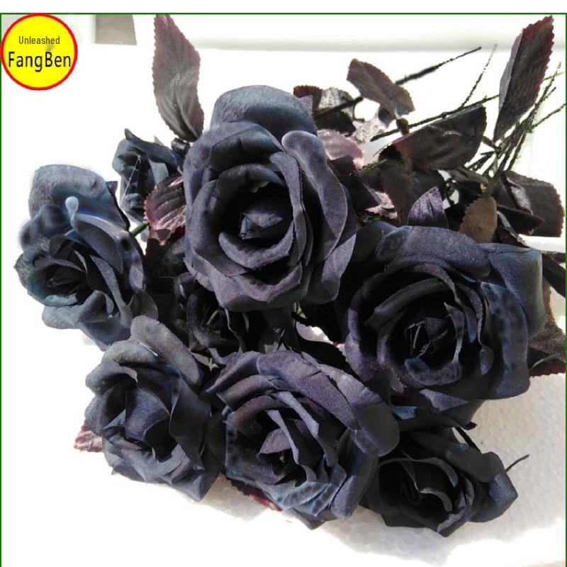 Deeply Affectionate Red Artificial Rose Black Flower, Single Stem Decorative Arrangement for Living Room or Halloween