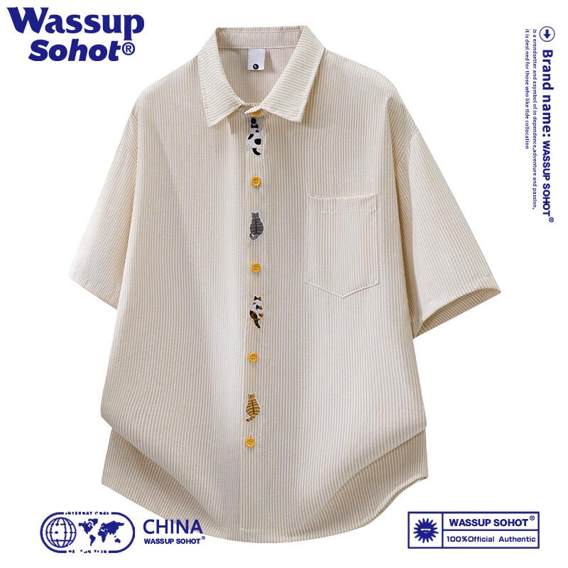 Wassup Sohot Men s Striped Cat Embroidered Lapel Shirt 2XL