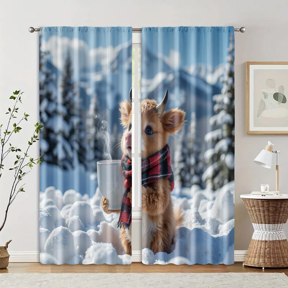 

2 pcs, filtering curtains (excluding rods, non-movable, without batteries) A calf drinking hot cocoa for use in bedrooms and 29x65in(75x166cm)