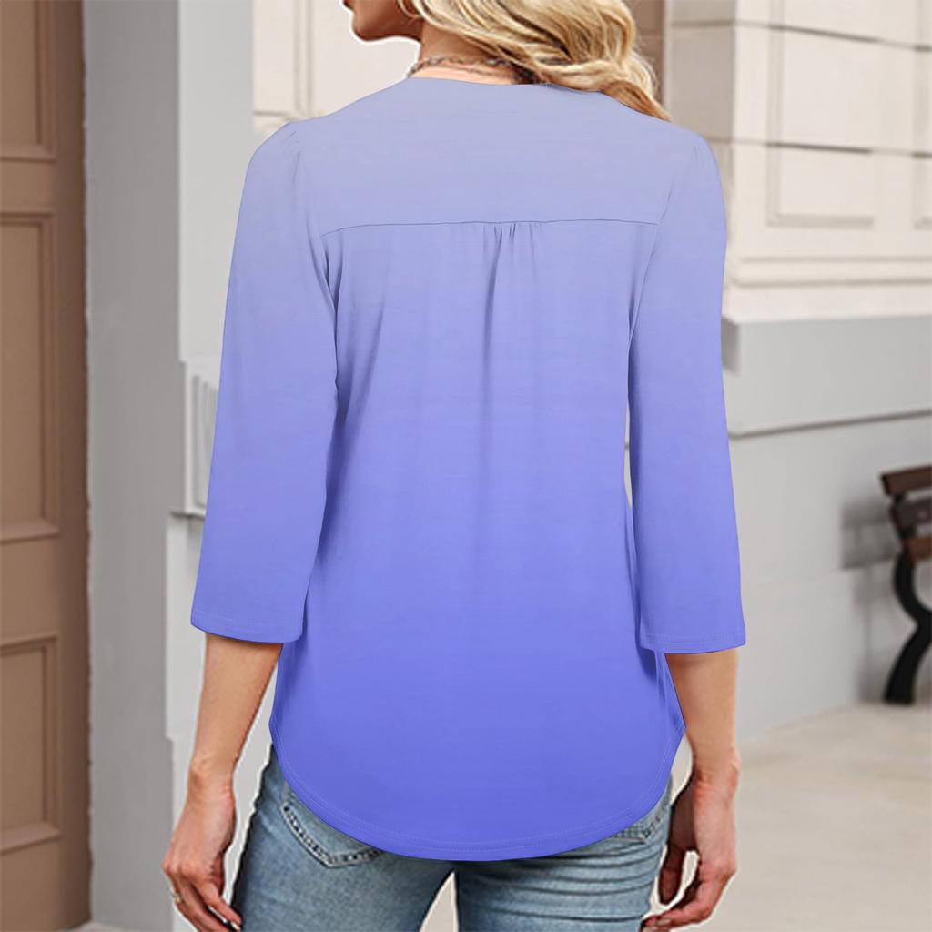 Modisches lässiges Damen-T-Shirt-Top mit Farbblock-Gradienten-Print, V-Ausschnitt, Knopfleiste und Dreiviertelärmeln
