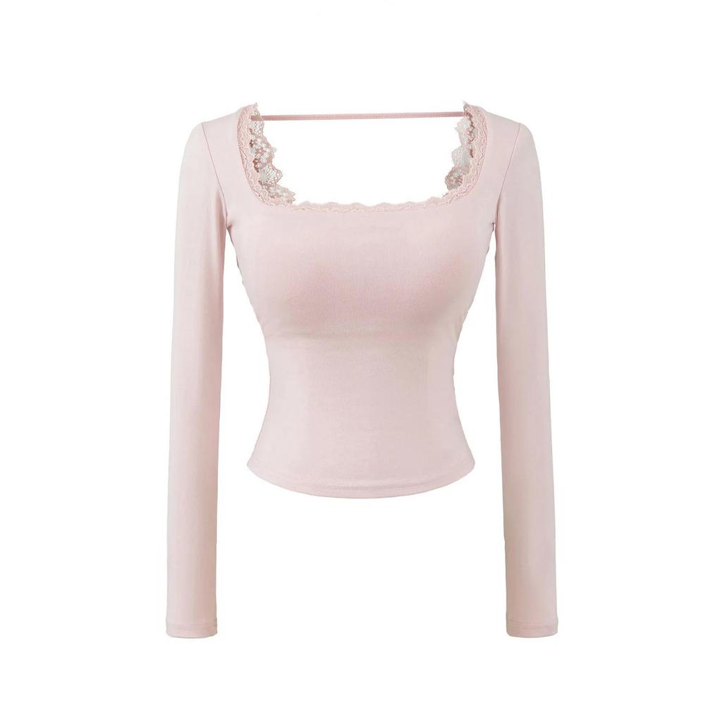 Women's Pure Desire Lace Trim Long Sleeve Slim Fit Top with Chest Pads - Ideal for Spring and Autumn