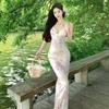 Französisches Romantisches Blumen-Trägerkleid Damen Taille Neckholder Hüftumhüllung Reiseurlaub Fishtail-Kleid