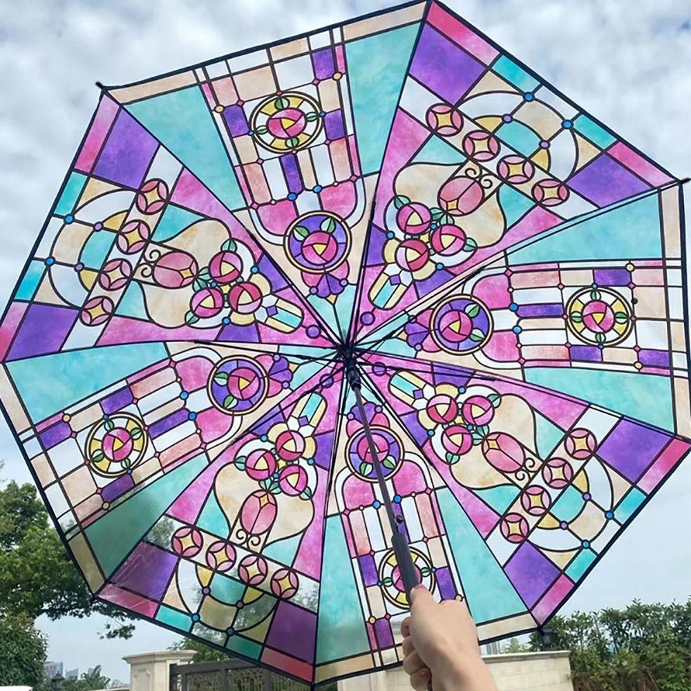 Hand-Painted Design Transparent Umbrella Stained Glass Print Automatic Umbrella Rain Protection