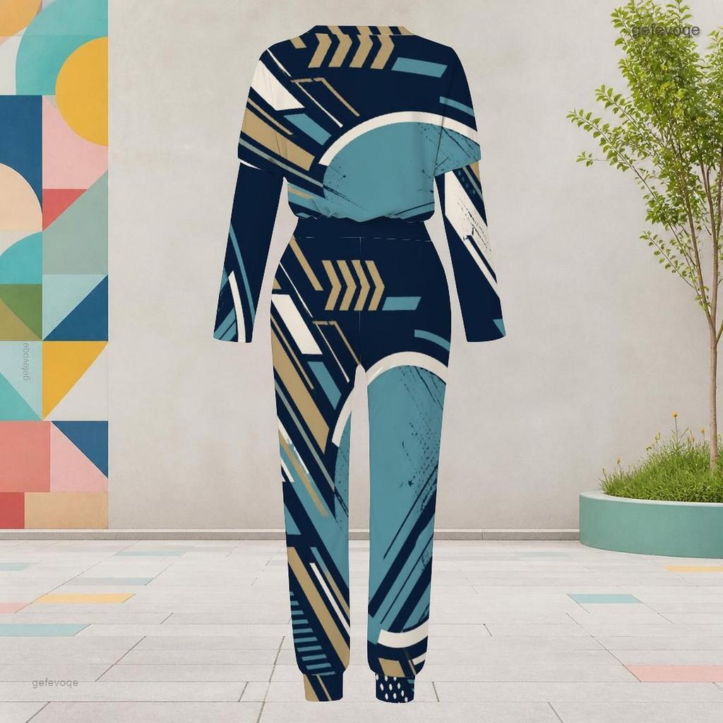 Women Plus Size Two Piece Set Round Neck Long Sleeve Geometric Printed Cuffed Top Cuffed Pants With Pockets