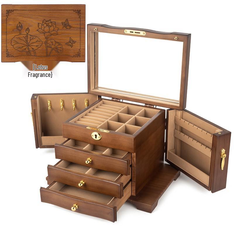 Scatola Portagioie in Legno Massello Intagliato di Lusso - Stile Antico, Contenitore Multi-livello per Orecchini e Collane