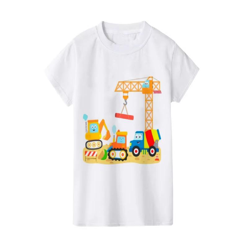 Summer Construction Machines Tractor Print Baby Boys T-shirt Natural Work Zone Kids Clothing Children's Summer Top