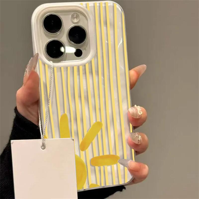 Custodia per Telefono Gialla a Strisce con Disegno del Sole per IPhone 17 Pro Max 16 15 14 13 12 11 Pro Max Plus 17Air 16E Texture Pieghettata Cover Morbida