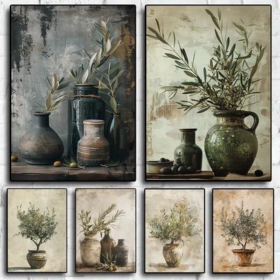 Mediterranean Antique Olive Branch Green Plant Rustic Kitchen Elegant Vase Poster Canvas Painting Wall Picture Home Decor