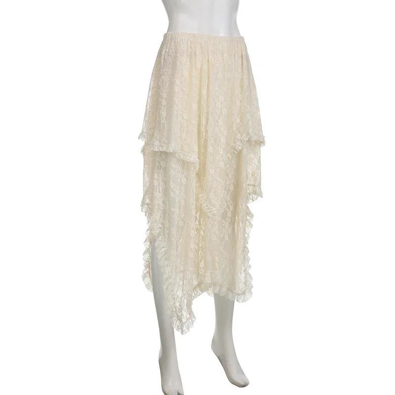 Weekeep Sexy Transparentní Nepravidelné Dlouhé Sukně Vintage Volány Patchwork Volná Krajka Midi sukně A-Line Dámské Y2k Letní dovolená