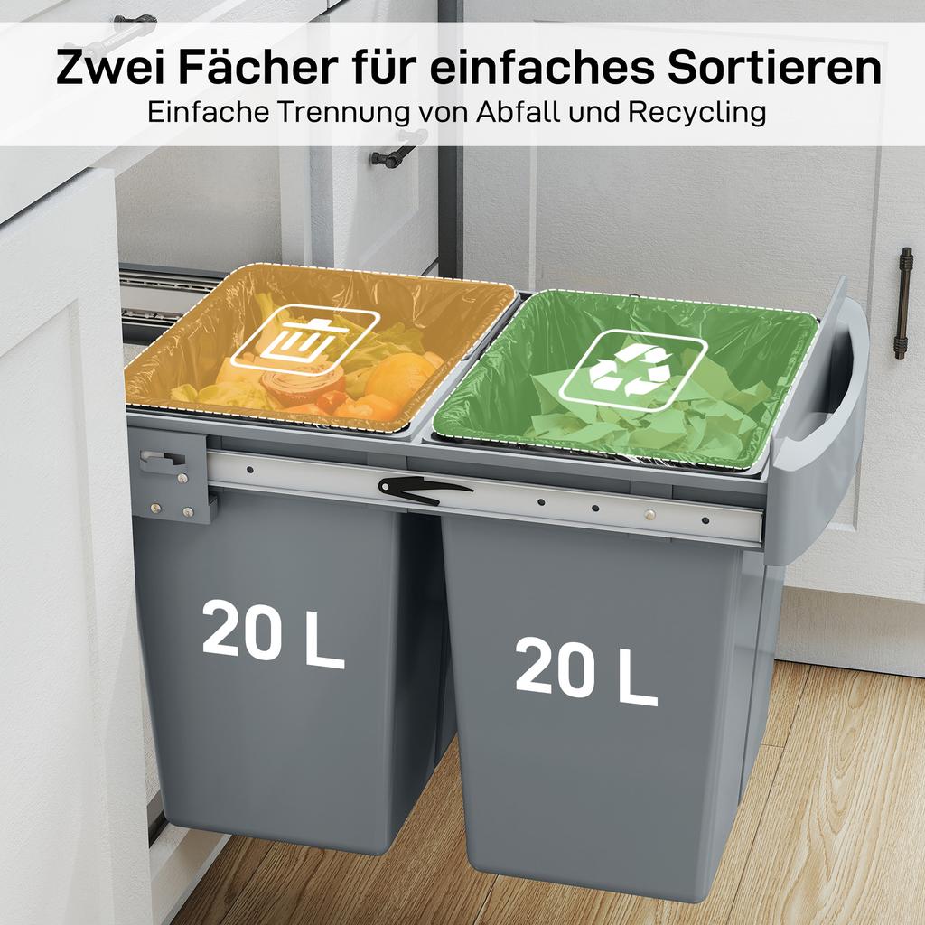 Pull Out Bin, Kitchen Under Sink Bin with 2 Removable Compartments, Smooth Glide, Grey