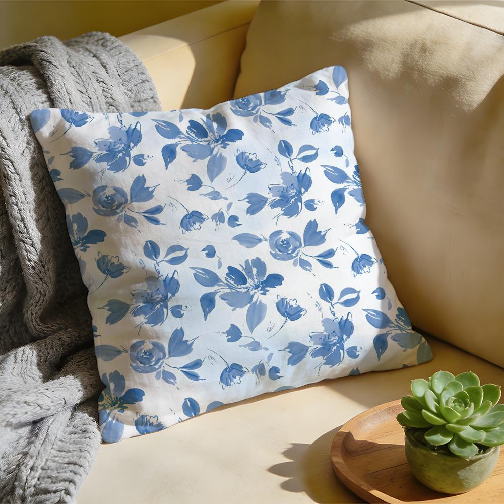 Cushion Cover Washed Linen Soft Breathable Decorative Case for Sofa Home Pillow Cover Elegant Blue Floral