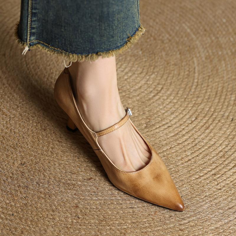 Casual Solid Color Light Mouth Low-top Single Shoes, New Comfortable Pointed Small Leather Shoes, Genuine Leather Large Size Medium Heel Beef T