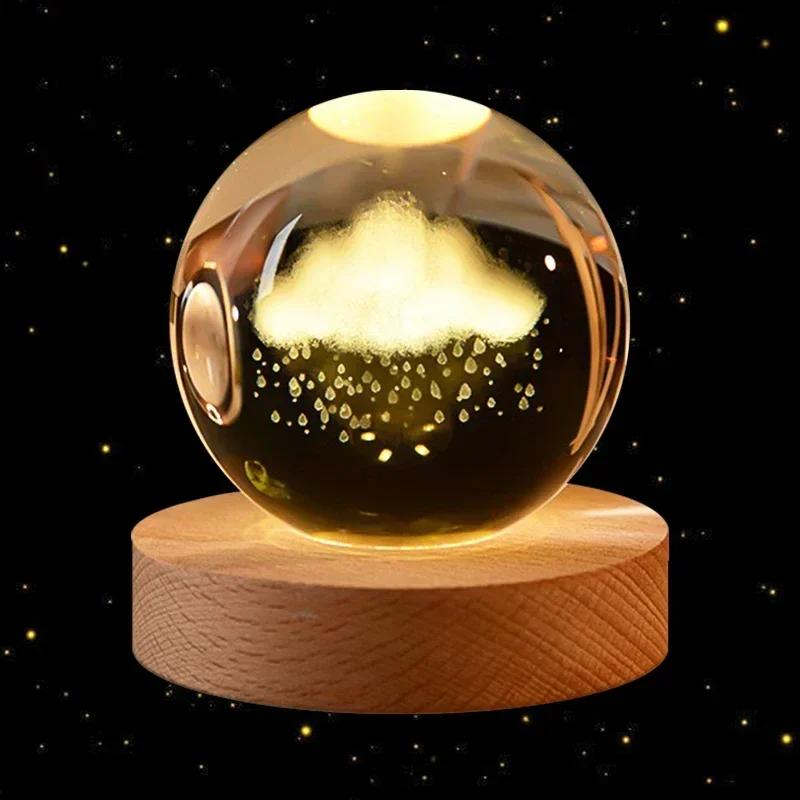 

6cm 3D Crystal Ball Glass Planet Earth with Wooden Base Laser Engraved Solar System Galaxy Night Light Desktop Decor Gift