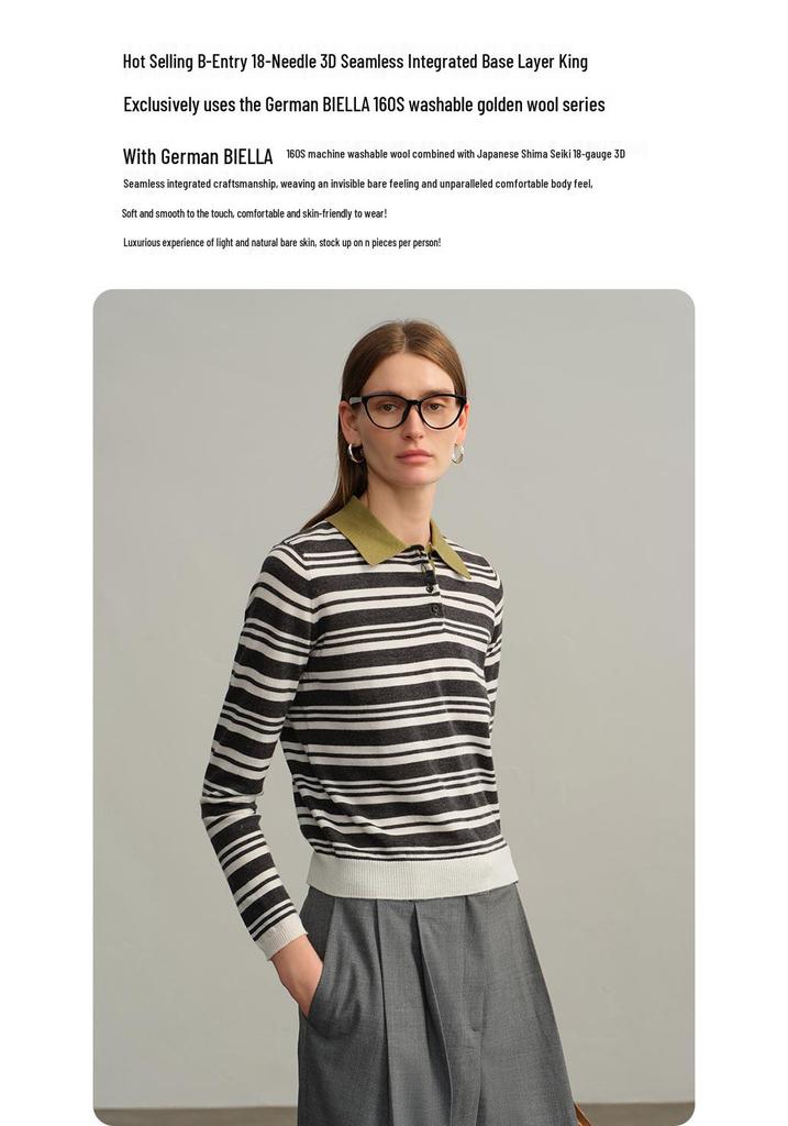 Women's 100% Wool Yangzi Knit Polo Collar Striped Retro Long Sleeve Sweater