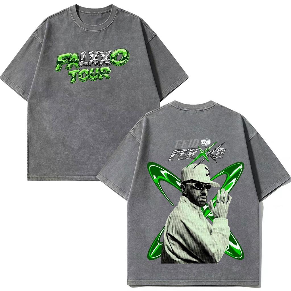 Rapper Feid Ferxxo Falxxo Tour 2026 Print Vintage Washed T-Shirt Herren Mode T-Shirt Kurzärmelig Lässig Baumwolle Lockere T-Shirts