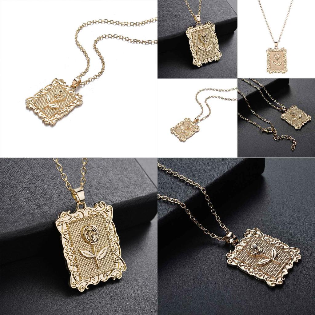 Pozlacený Pop Geometrický Čtvercový Růžový Květ Řetízek na Klíční Kost Svetrový Řetízek Elegantní Šperky Pro Ženy