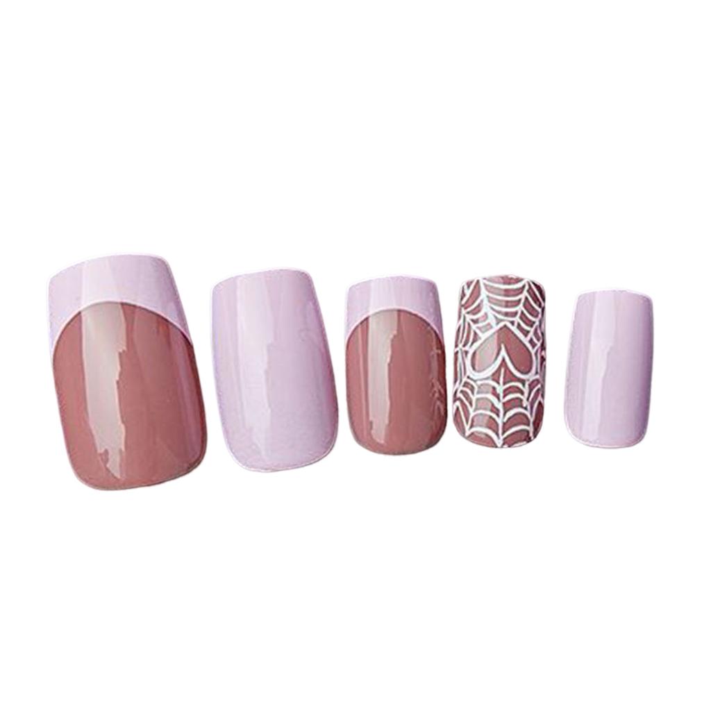 French Heart Spiders Web Print False Nail Bright Pink Reusable Glossy Artificial Nail for Women and Girl Party Activity