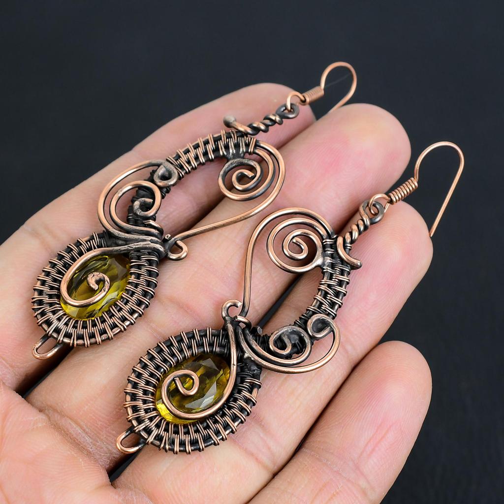 Citrine Earrings, 999 Copper Wire Wrapped Gemstone Jewelry, Handmade Earrings, For Thanksgiving