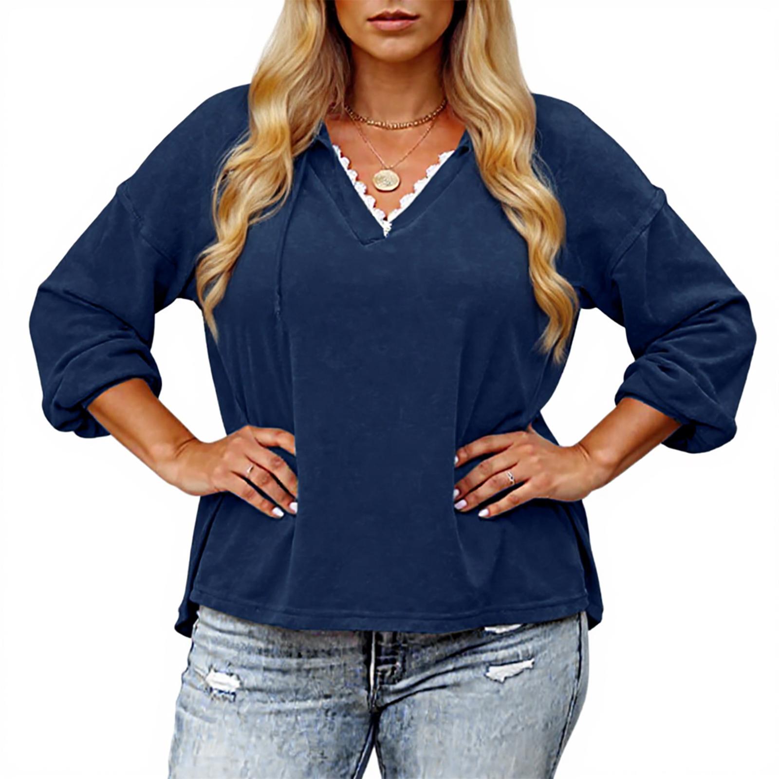 

Женская свободная удобная повседневная и модная шляпа с V-образной завязкой, кружевной худи с длинными рукавами однотонного цвета большого размера XL тёмно-синий