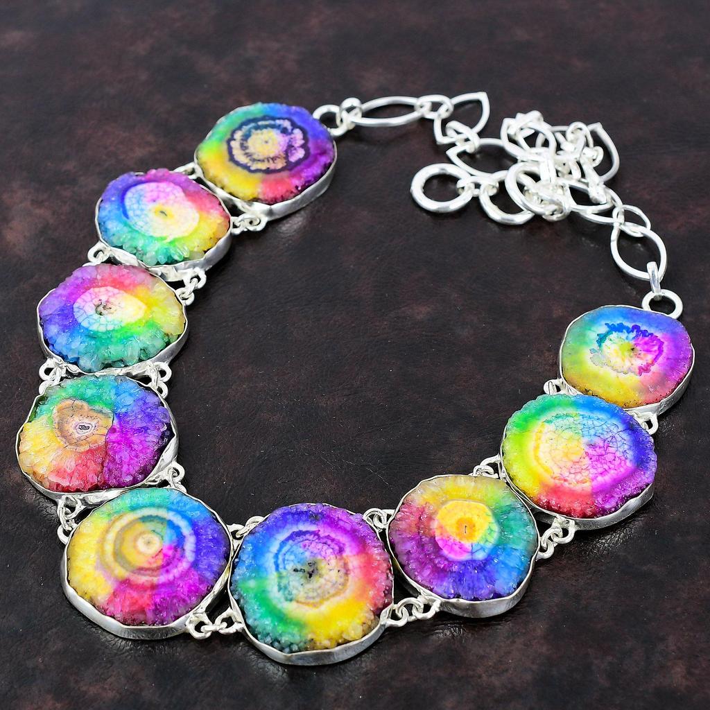 Regenbogen Solar Quarz Druzy Halskette 925 Sterling Silber Halskette verstellbare Kette Halskette Geschenk für Frauen handgemachte Halskette Edelstein Schmuck