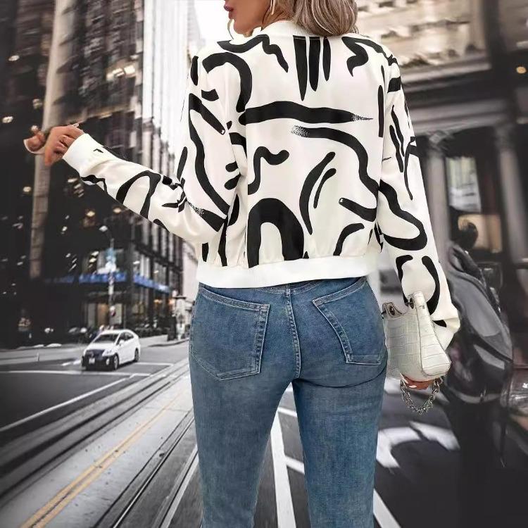 Elegant Women's Fall Winter Graphic Print Zip Up Baseball Jacket Casual Outerwear