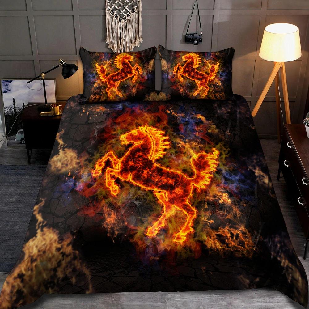 Ice And Fire Riding Horse Duvet Cover Set King SizeFlame Horsing Bedding SetWestern Cowboy Exotic Farmhouse Comforter Cover