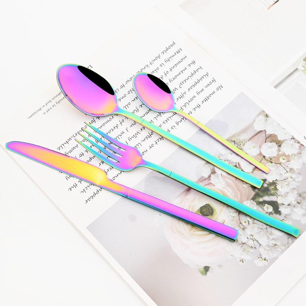 24Pcs Rainbow Color Cutlery Set Knife Fork Spoon with Rack Dinnerware Set Stainless Steel Tableware Flatware Kitchen Silverware with Storage Holder