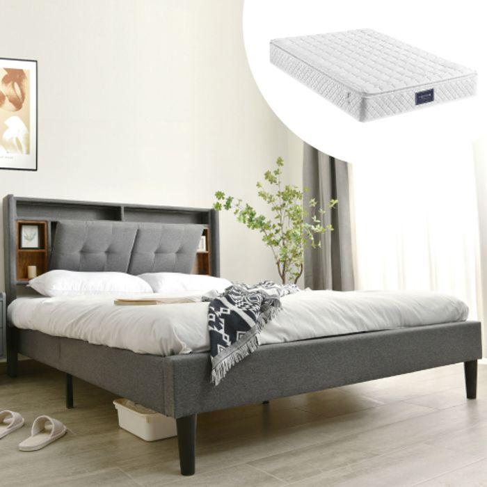 Lit De Rangement Rembourré Avec Chargeur USB Et Éclairage LED Sommier À Lattes En Bois, 140*200CM Gris (avec Matelas)