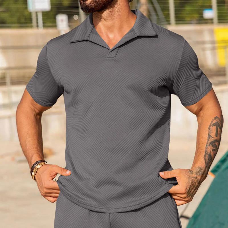 Men Textured Solid Polo Shirt Turn Down Collar Short Sleeve Casual Slim Fit Daily Sport Fashion Tops