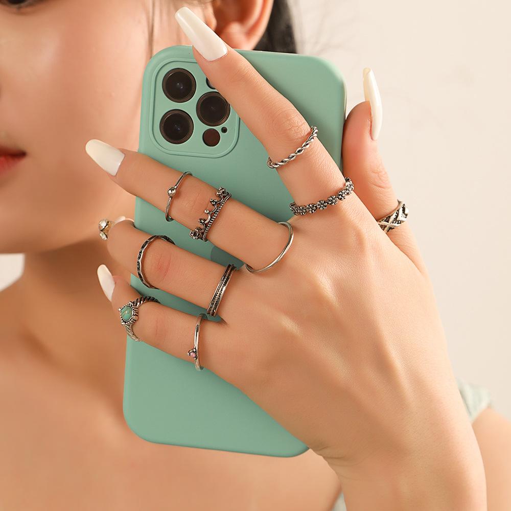 Vintage Trend Metal Crown Articulated Ring Set Vintage 10 Geometric Hollow Turquoise Ring Set Ring Combination