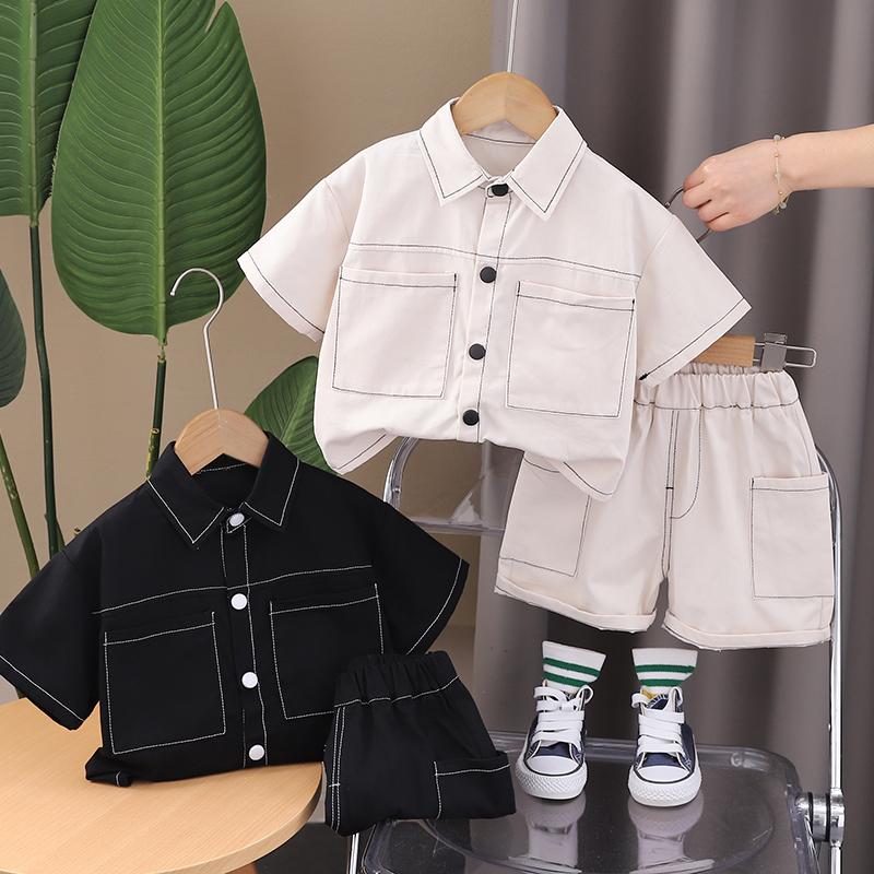 Kids Boy Summer Clothes Solid Worker Wear Children Clothing Boy Short Sleeve Cartoon T-Shirts Short Pants Tracksuit Suit Set