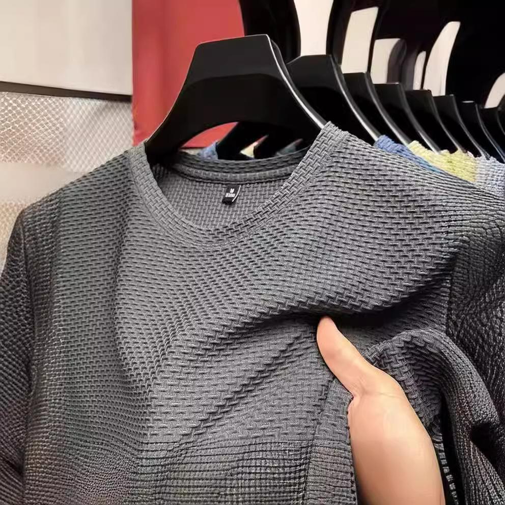 Camiseta de Verano para Hombre de Seda de Hielo de Secado Rápido con Plisados y Estampado Oscuro