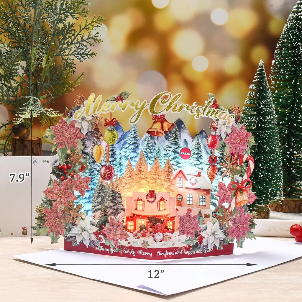 Pop Up Christmas Cards, 3D Musical Lights Up Woodland Winter Holiday Cards
