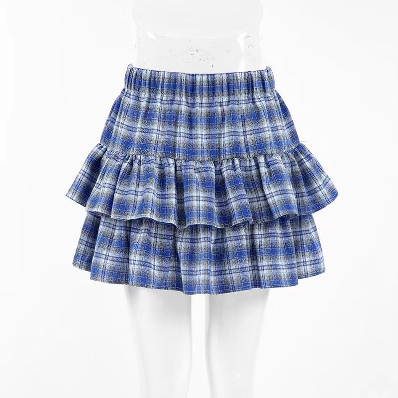 

Fashion New Skirt Blue Plaid Cake Dress Ruffles Skirt Lotus Leaf Plaid Skirt Blue L