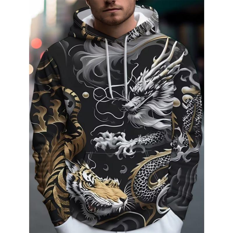 Men's Trendy Street Hooded Sweatshirt with Printed Design, Featuring a Hood Strap. Suitable for Daily Outings and Casual Gatherings.