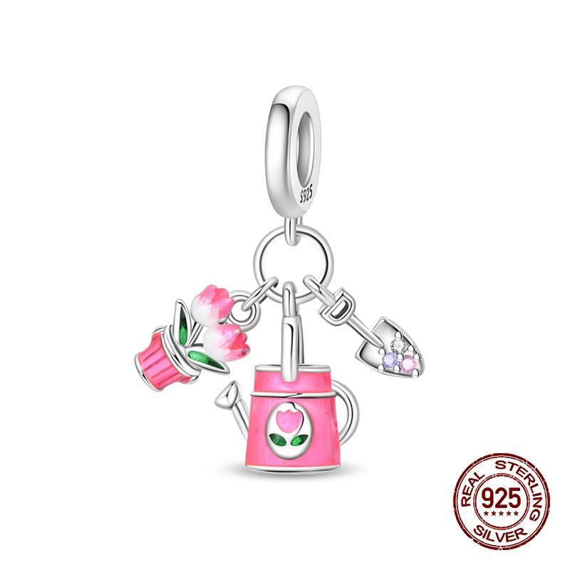 New Copper Charms Beads Pendant Pink Bouquet Love Wedding Proposal Charm For Women Bracelet Engagement Jewelry Gift