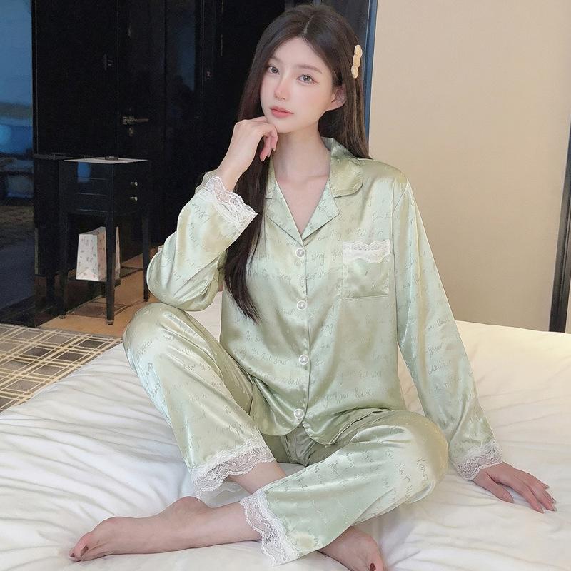 Ice Silk Pajamas Women'S Spring And Summer Thin Long-Sleeved Trousers Fashion Cool Cardigan Loungewear Suit Can Be Worn Outside