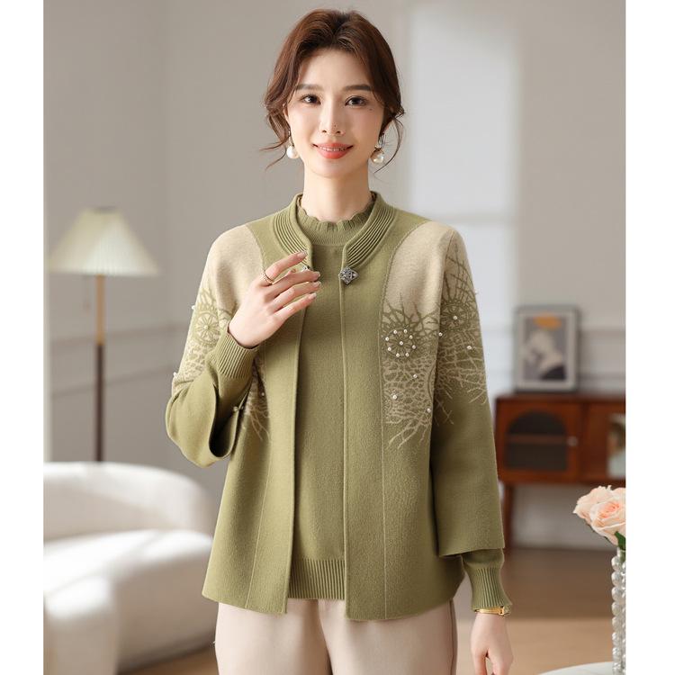 Middle-aged and Elderly Women's Sweater Set Mom Fashion Printing Two-piece Loose Knitted Sweater